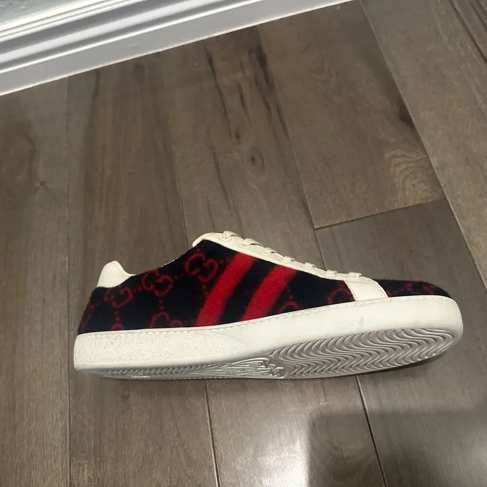 AUTHENTIC GUCCI WOOL ACE GG BLUE RED SNEAKERS 548495 GG 9.5 (fits USA 10.5)